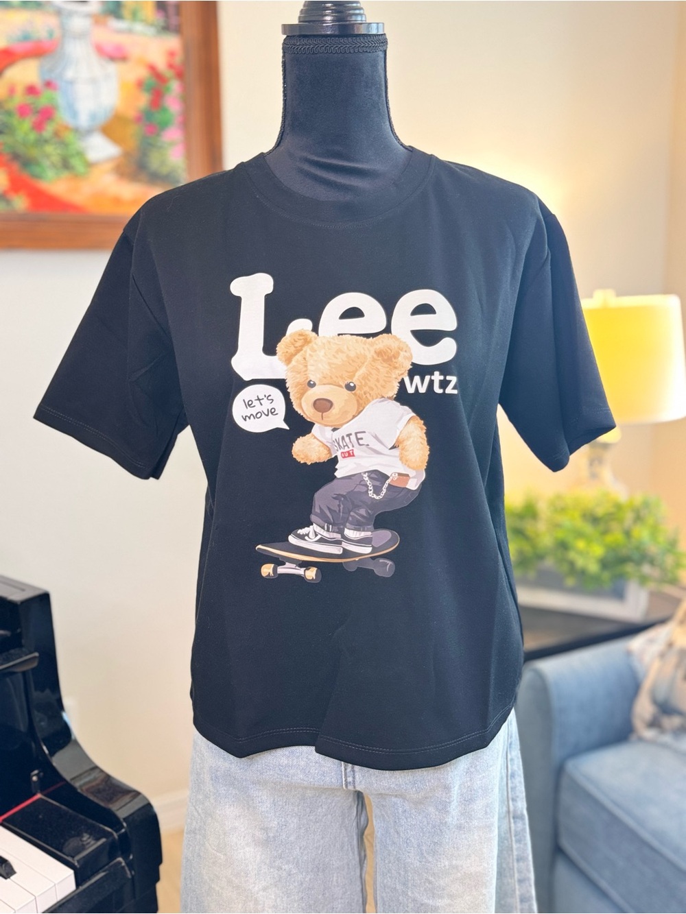 Lee Black Short-Sleeve Graphic Tee with Skateboard Teddy